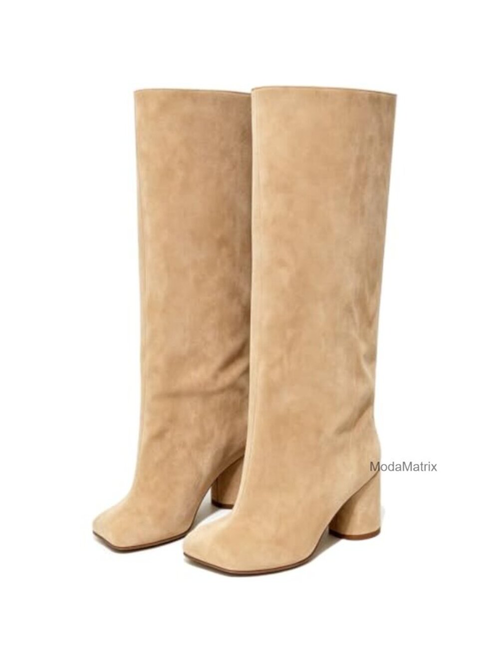 Wide Calf Knee High Boots Chunky Heel Square Toe Tall Slip-On Suede